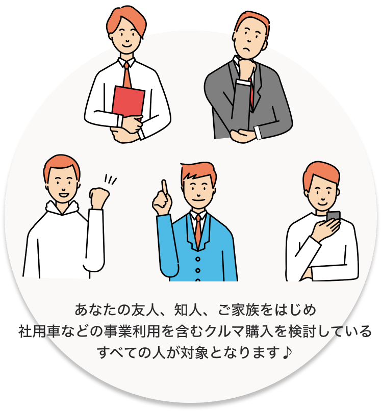 あなたの友人、知人、ご家族をはじめ、社用車などの事業利用を含むクルマ購入を検討しているすべての人が対象となります♪